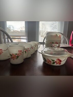 Fire King White Milk Glass Set with Pink Floral Design